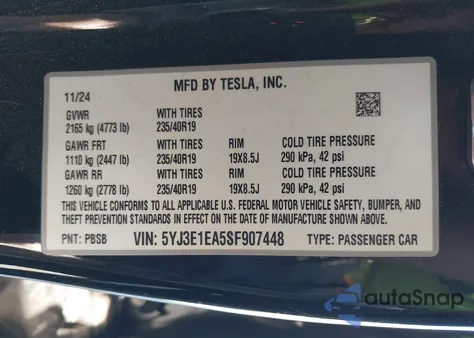 2025 Tesla Model 3 Long Range Rear-Wheel Drive from USA, damaged, VIN 5YJ3E1EA5SF907448